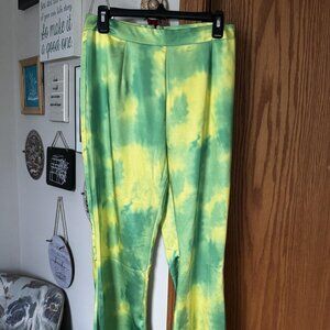 RYAN DESTINY Pacsun MEDIUM green/yellow FLARE BOHO HIPPIE RAVE SATIN retro PANTS